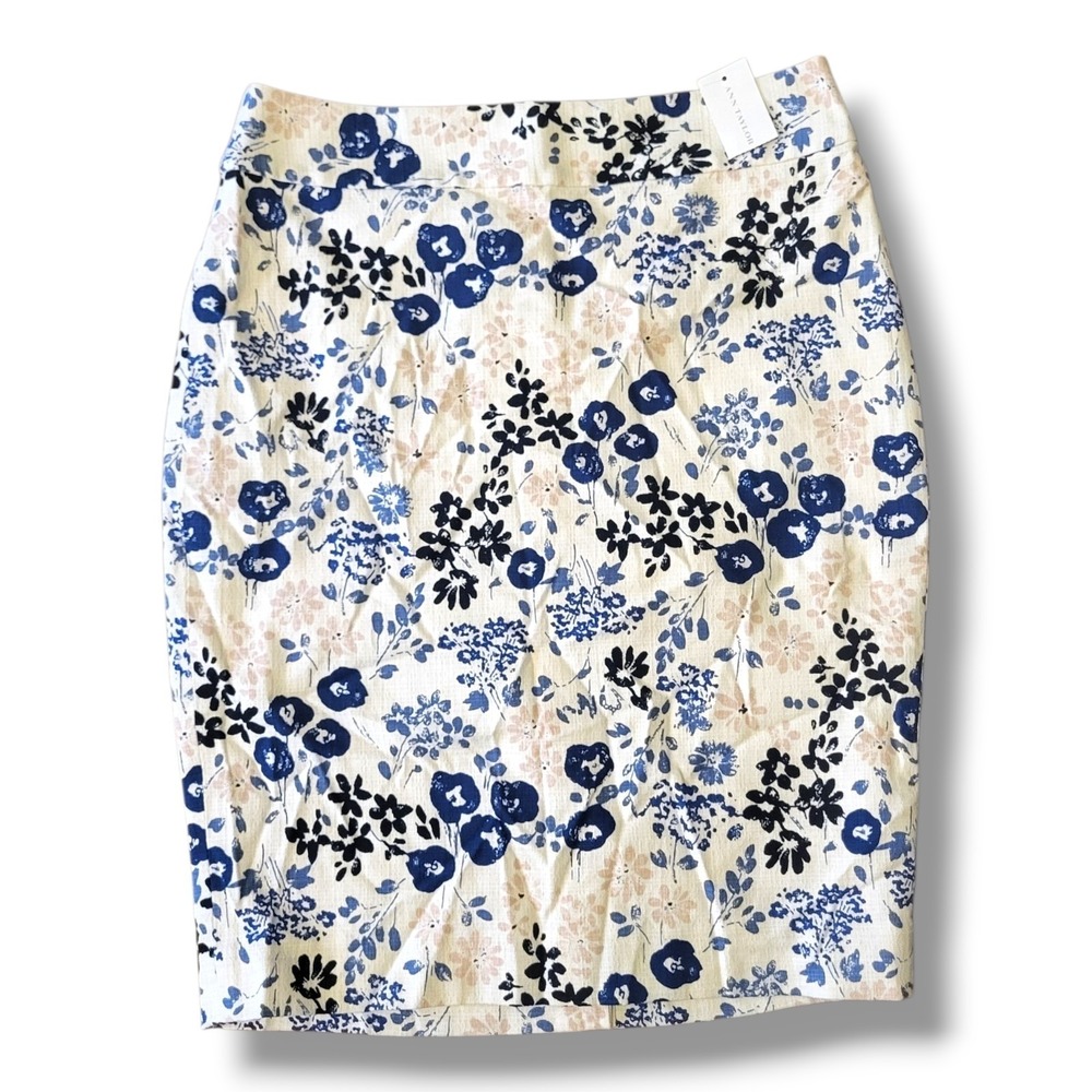 Ann Taylor Floral Pencil Skirt Womens Size 0 White Blue Lined Career Office NWT